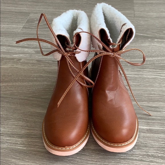 Brown Faux Leather Shearling Lace Up Brown Boots - Picture 2 of 5